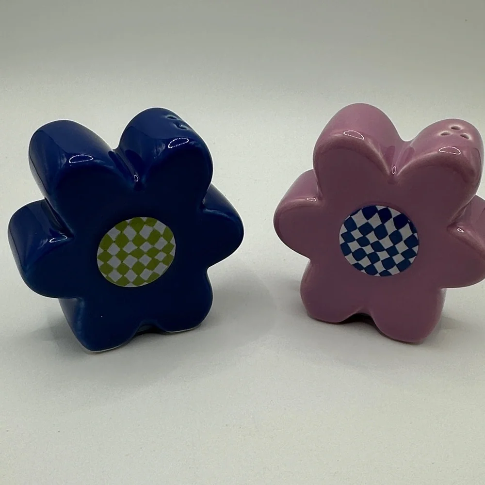Blue and Pink Flower Shaped Ceramic Salt and Pepper Shakers
